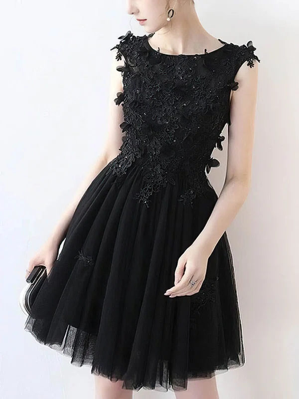 A-line Scoop Neck Tulle Short/Mini Homecoming Dresses With Appliques Lace Pearl Detailing #Favs020109388