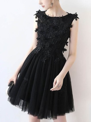 A-line Scoop Neck Tulle Short/Mini Homecoming Dresses With Appliques Lace Pearl Detailing #Favs020109388 A-line Scoop Neck Tulle Short/Mini Homecoming Dresses With Appliques Lace Pearl Detailing #Favs020109388