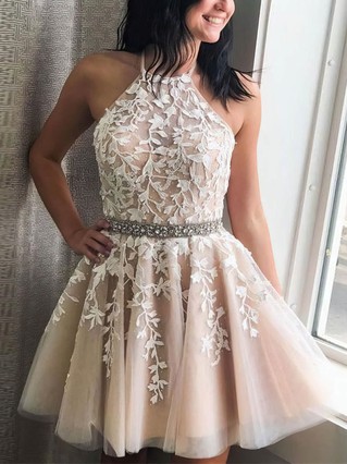 A-line Halter Tulle Short/Mini Homecoming Dresses With Beading Appliques Lace #Favs020109389 A-line Halter Tulle Short/Mini Homecoming Dresses With Beading Appliques Lace #Favs020109389