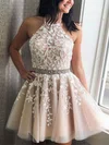 A-line Halter Tulle Short/Mini Homecoming Dresses With Beading Appliques Lace #Favs020109389