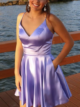 A-line V-neck Silk-like Satin Short/Mini Homecoming Dresses With Pockets #Favs020109134
