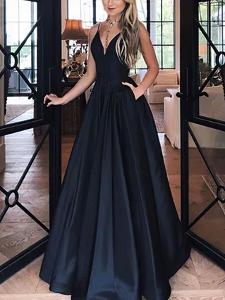 Princess V-neck Satin Floor-length Prom Dresses With Pockets #Favs020109391 Princess V-neck Satin Floor-length Prom Dresses With Pockets #Favs020109391