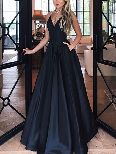 Princess V-neck Satin Floor-length Prom Dresses With Pockets #Favs020109391