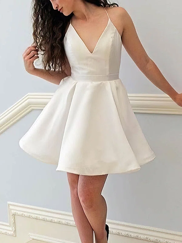 A-line V-neck Satin Short/Mini Homecoming Dresses #Favs020109135