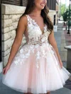 A-line V-neck Tulle Short/Mini Homecoming Dresses With Appliques Lace #Favs020108937