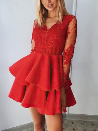 A-line V-neck Stretch Crepe Short/Mini Homecoming Dresses With Appliques Lace Tiered #Favs020108938