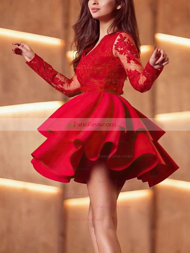 A-line V-neck Stretch Crepe Short/Mini Homecoming Dresses With Appliques Lace Tiered #Favs020108938