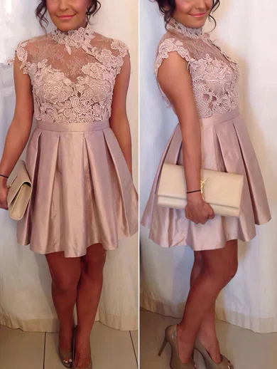 A-line High Neck Satin Short/Mini Homecoming Dresses With Appliques Lace #Favs020109396