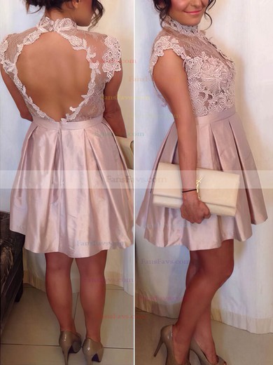 A-line High Neck Satin Short/Mini Homecoming Dresses With Appliques Lace #Favs020109396