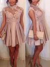 A-line High Neck Satin Short/Mini Homecoming Dresses With Appliques Lace #Favs020109396