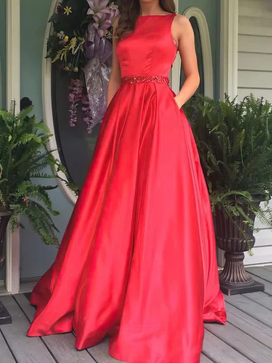Princess Scoop Neck Satin Floor-length Beading Prom Dresses #Favs020104862