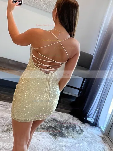 Sheath/Column Square Neckline Sequined Short/Mini Homecoming Dresses With Split Front #Favs020108878