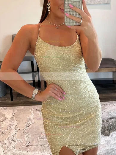 Sheath/Column Square Neckline Sequined Short/Mini Homecoming Dresses With Split Front #Favs020108878