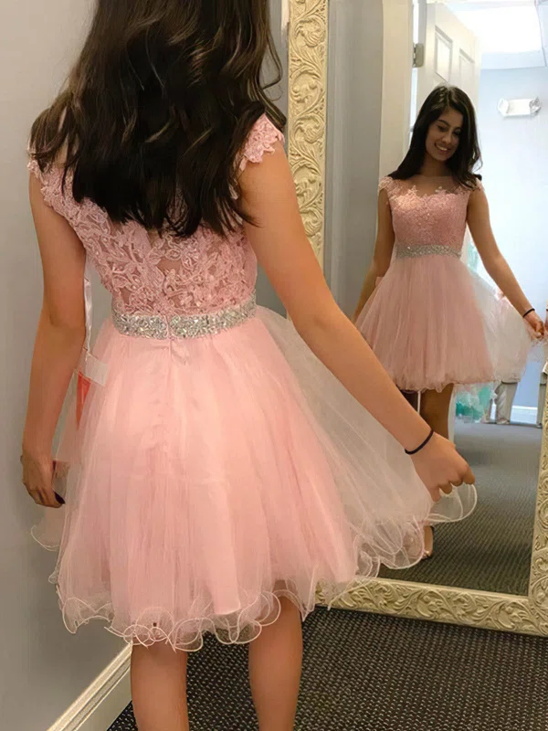 A-line Scoop Neck Tulle Short/Mini Homecoming Dresses With Beading Appliques Lace #Favs020109399