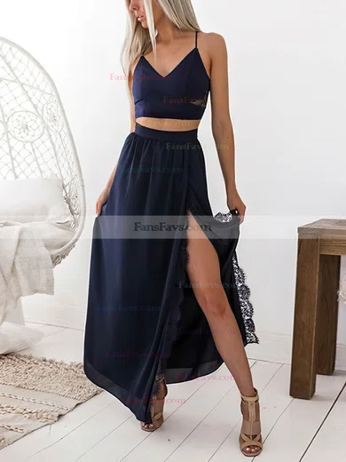 A-line V-neck Silk-like Satin Floor-length Lace Prom Dresses #Favs020104865