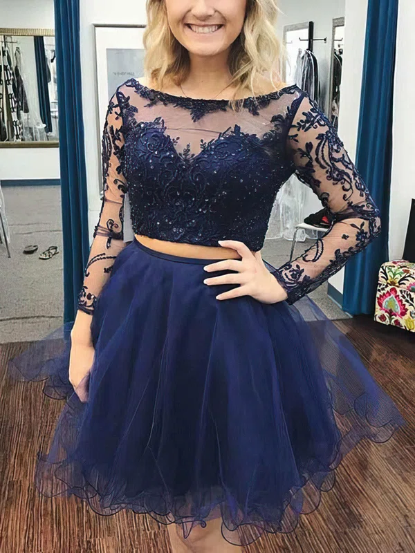 A-line Scoop Neck Tulle Short/Mini Homecoming Dresses With Beading #Favs020109403