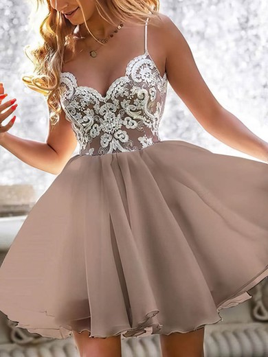 A-line V-neck Chiffon Short/Mini Homecoming Dresses With Appliques Lace #Favs020108948