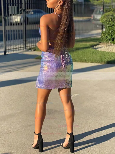 Sheath/Column V-neck Sequined Short/Mini Homecoming Dresses With Split Front #Favs020108888