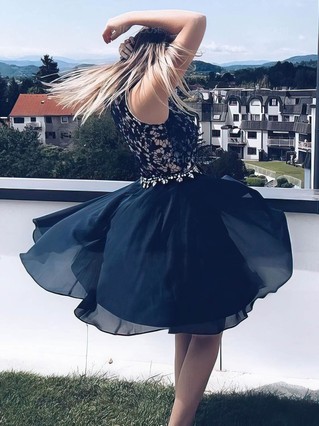 A-line High Neck Lace Chiffon Knee-length Homecoming Dresses With Beading #Favs020109406 A-line High Neck Lace Chiffon Knee-length Homecoming Dresses With Beading #Favs020109406