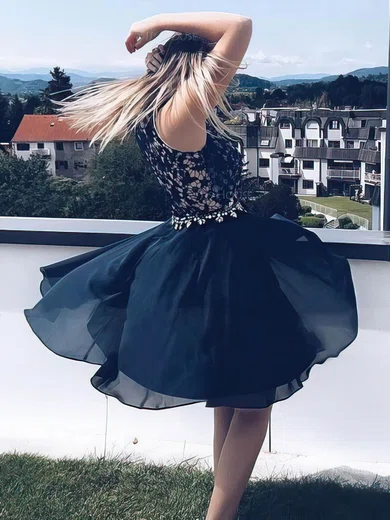 A-line High Neck Lace Chiffon Knee-length Homecoming Dresses With Beading #Favs020109406