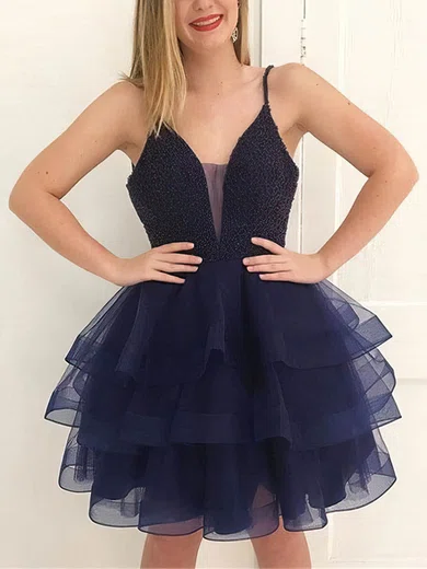 A-line V-neck Organza Short/Mini Homecoming Dresses With Beading Tiered #Favs020109148