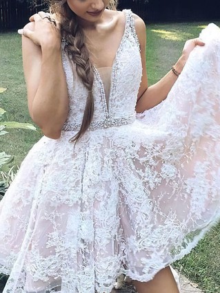 A-line V-neck Lace Short/Mini Homecoming Dresses With Beading Pearl Detailing #Favs020109407 A-line V-neck Lace Short/Mini Homecoming Dresses With Beading Pearl Detailing #Favs020109407