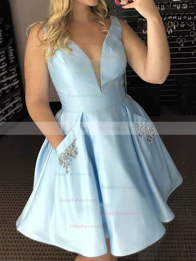 A-line V-neck Silk-like Satin Short/Mini Homecoming Dresses With Beading Pockets #Favs020109149