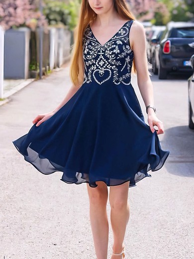 A-line V-neck Chiffon Short/Mini Homecoming Dresses With Appliques Lace #Favs020108952