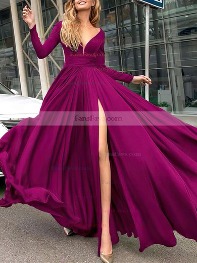 A-line V-neck Satin Chiffon Floor-length Sashes / Ribbons Prom Dresses #Favs020104878