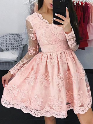 A-line V-neck Lace Short/Mini Homecoming Dresses With Appliques Lace #Favs020109409 A-line V-neck Lace Short/Mini Homecoming Dresses With Appliques Lace #Favs020109409