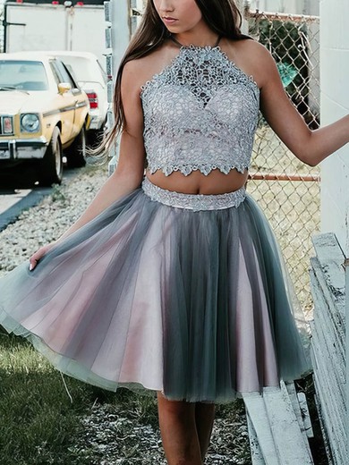 A-line Scoop Neck Lace Tulle Knee-length Homecoming Dresses With Appliques Lace #Favs020109410
