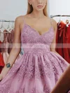 A-line V-neck Lace Short/Mini Homecoming Dresses With Appliques Lace #Favs020109411