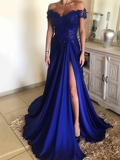 A-line Off-the-shoulder Silk-like Satin Sweep Train Appliques Lace Prom Dresses #Favs020104879