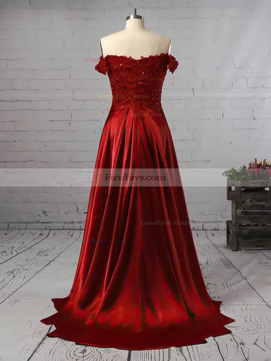 A-line Off-the-shoulder Silk-like Satin Sweep Train Appliques Lace Prom Dresses #Favs020104879