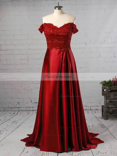 A-line Off-the-shoulder Silk-like Satin Sweep Train Appliques Lace Prom Dresses #Favs020104879