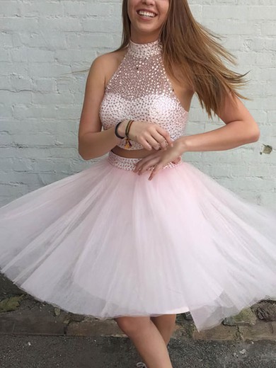 A-line High Neck Tulle Knee-length Homecoming Dresses With Beading #Favs020109412