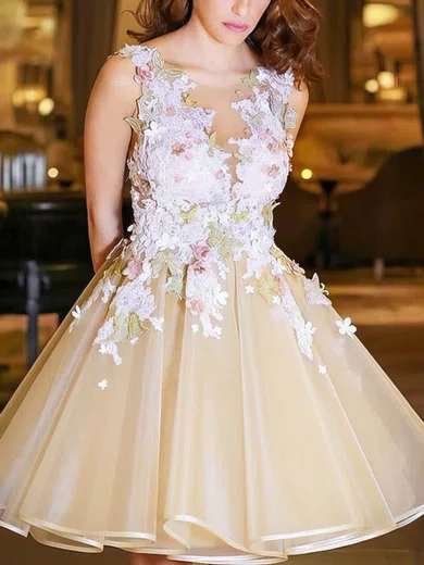 A-line Scoop Neck Organza Knee-length Homecoming Dresses With Appliques Lace #Favs020109413