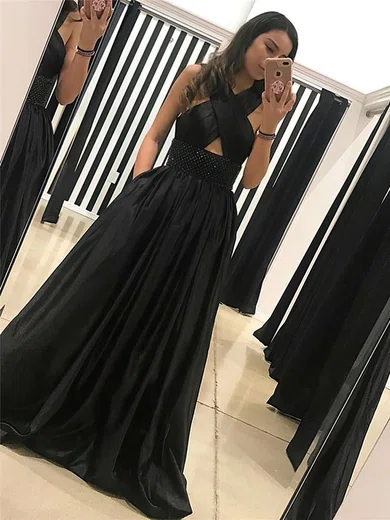 A-line Scoop Neck Satin Floor-length Pockets Prom Dresses #Favs020104880