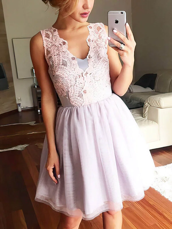 A-line V-neck Tulle Short/Mini Homecoming Dresses With Appliques Lace #Favs020109415