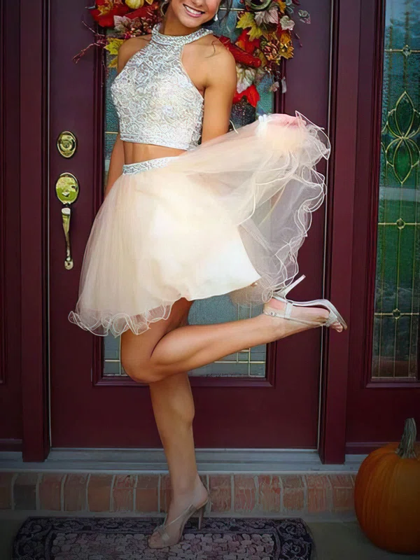 A-line Scoop Neck Tulle Short/Mini Homecoming Dresses With Beading #Favs020108901