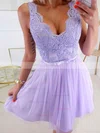 A-line V-neck Lace Tulle Short/Mini Homecoming Dresses With Appliques Lace Sashes / Ribbons #Favs020109416