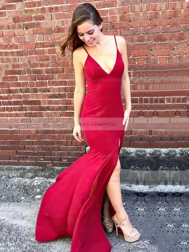 Sheath/Column V-neck Jersey Sweep Train Split Front Prom Dresses #Favs020104887