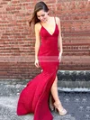 Sheath/Column V-neck Jersey Sweep Train Split Front Prom Dresses #Favs020104887