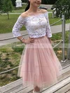 A-line Off-the-shoulder Lace Tulle Tea-length Homecoming Dresses #Favs020109418
