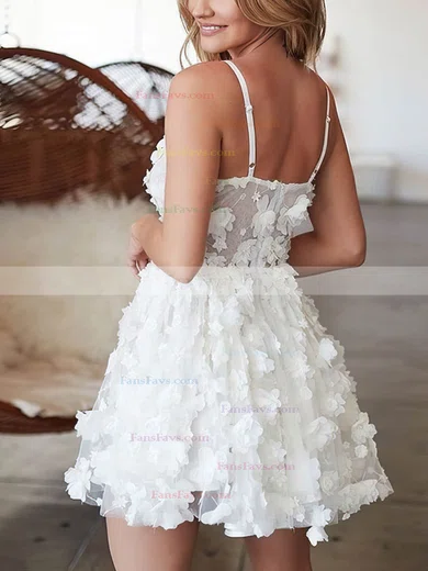 A-line V-neck Tulle Short/Mini Homecoming Dresses With Appliques Lace #Favs020108963
