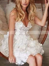 A-line V-neck Tulle Short/Mini Homecoming Dresses With Appliques Lace #Favs020108963