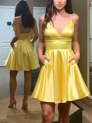 A-line V-neck Silk-like Satin Short/Mini Homecoming Dresses With Pockets #Favs020109159 A-line V-neck Silk-like Satin Short/Mini Homecoming Dresses With Pockets #Favs020109159