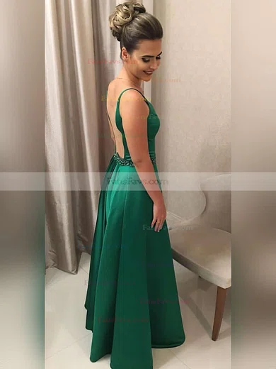 A-line V-neck Satin Floor-length Beading Prom Dresses #Favs020104888