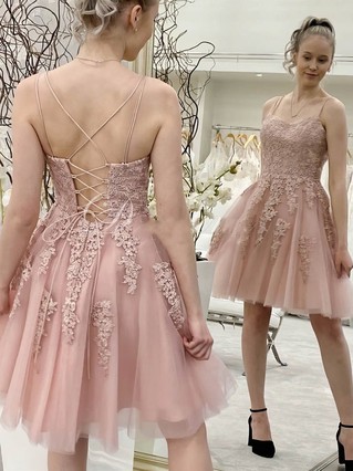 A-line Scoop Neck Tulle Knee-length Homecoming Dresses With Appliques Lace #Favs020109419 A-line Scoop Neck Tulle Knee-length Homecoming Dresses With Appliques Lace #Favs020109419