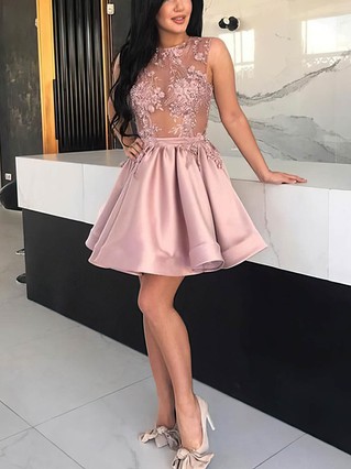 A-line Scoop Neck Satin Short/Mini Homecoming Dresses With Appliques Lace #Favs020108906 A-line Scoop Neck Satin Short/Mini Homecoming Dresses With Appliques Lace #Favs020108906